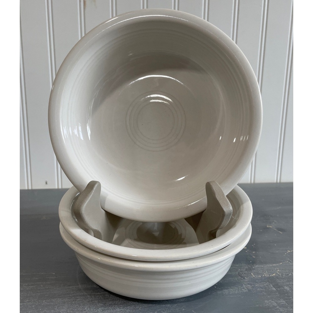 (3) Fiesta White Rim Soup Cereal Bowls Ceramic Concentric Rings Made in USA 7in